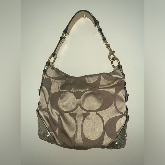 COACH Signature Carly Shoulder Hobo Bag Tan Jacquard - Picture 2 of 4